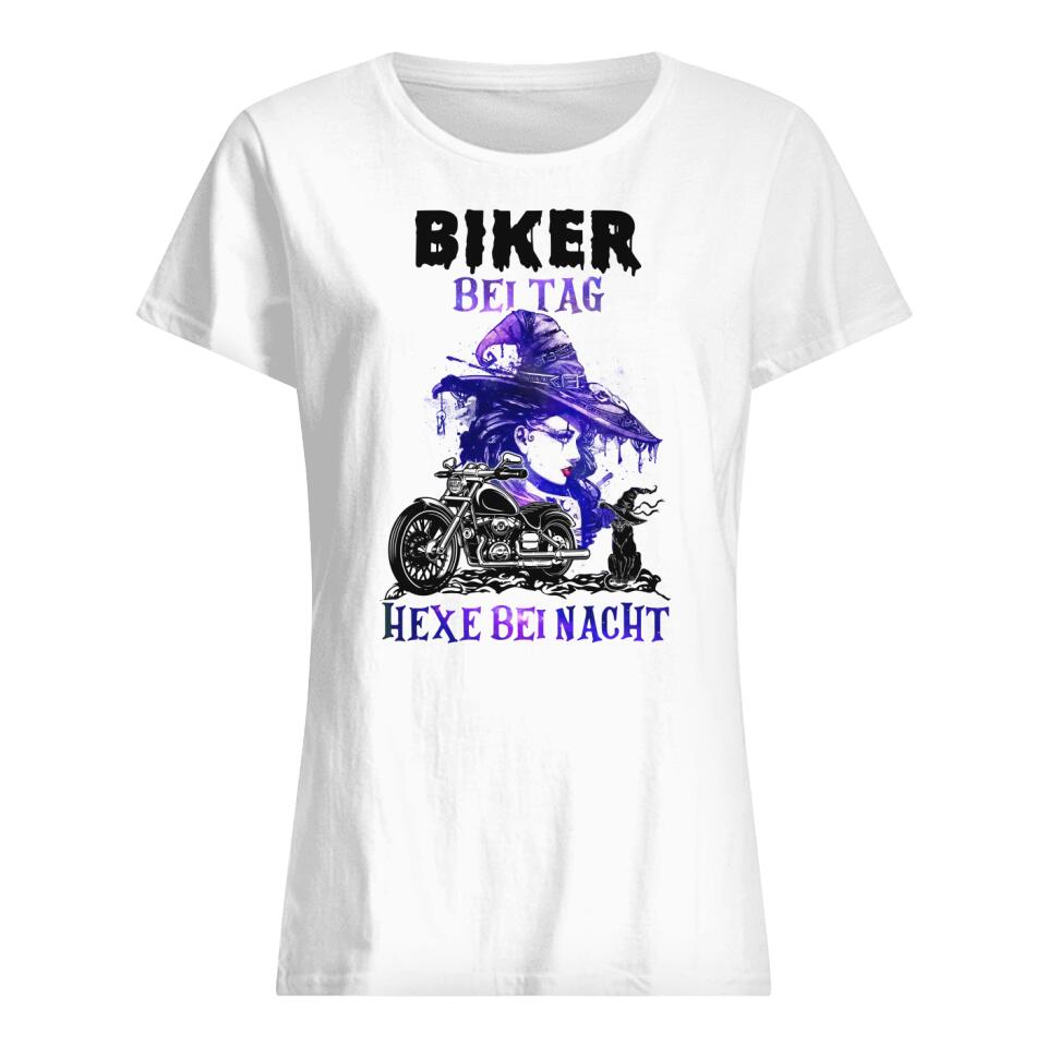 Biker bei Tag Hexe bei Nacht, Halloween T-Shirt für Motorradliebhaber