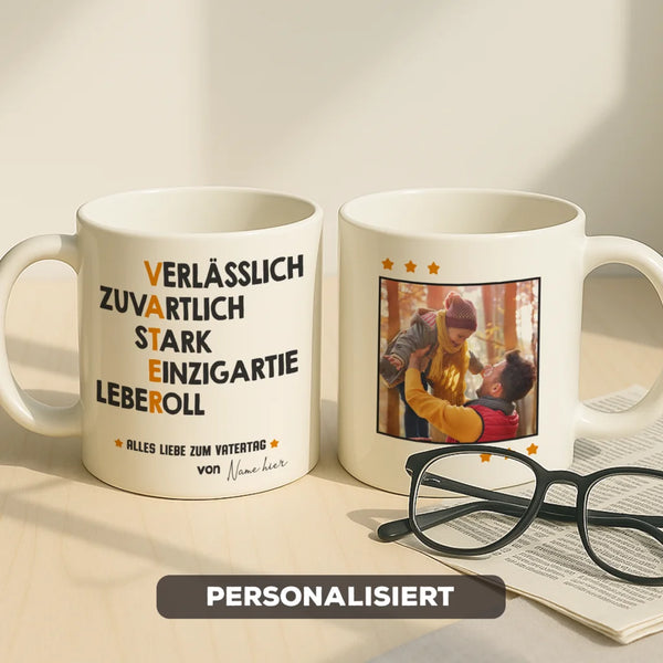 Personalisierte Fototasse – Geschenk für Papa – Eigenschaften eines großartigen Vaters