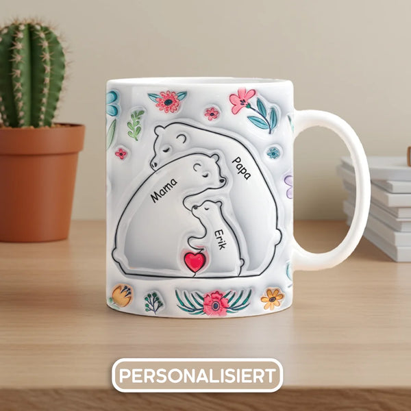 Personalisierte Tasse mit 3D-Aufblaseffekt | Personalisierte Geschenk für die Familie | Bärenfamilie umarmt sich