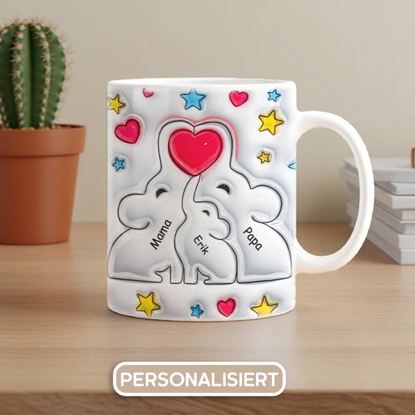 Personalisierte Tasse mit 3D-Aufblaseffekt | Personalisierte Geschenk für die Familie | Liebe Elefantenfamilie