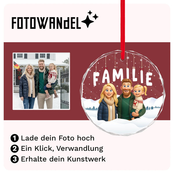 Personalisierte Weihnachtsdekoration für die Familie | Personalisierte Foto-Glasdekoration im Pixar-Stil | Geschenkidee für die Familie
