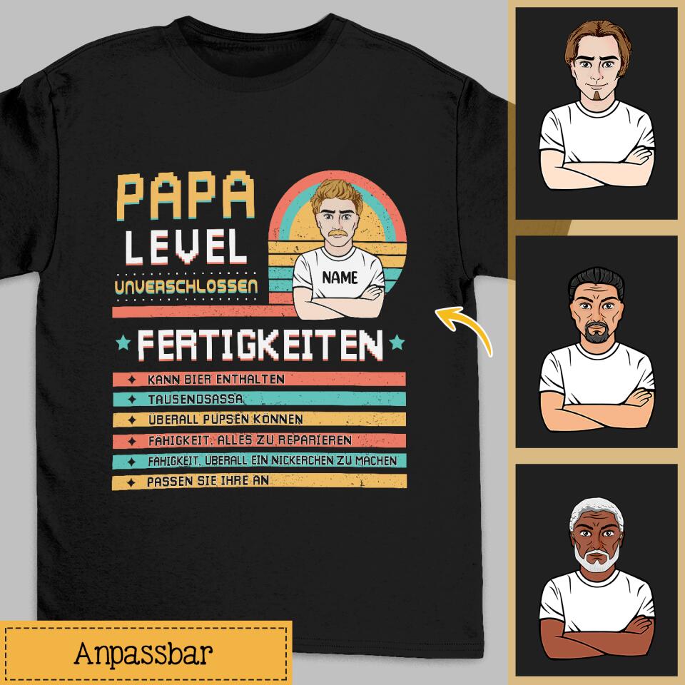 Personalisiertes T-shirt für Papa | personalisierte Geschenke für Vater | Papa Level unverschlossen