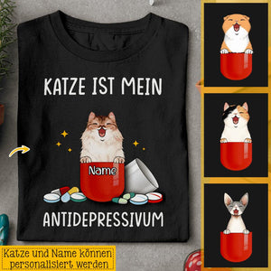 Katze ist mein Antidepressivum, Personalisierbar Unisex T-Shirt für Katzenliebhaber