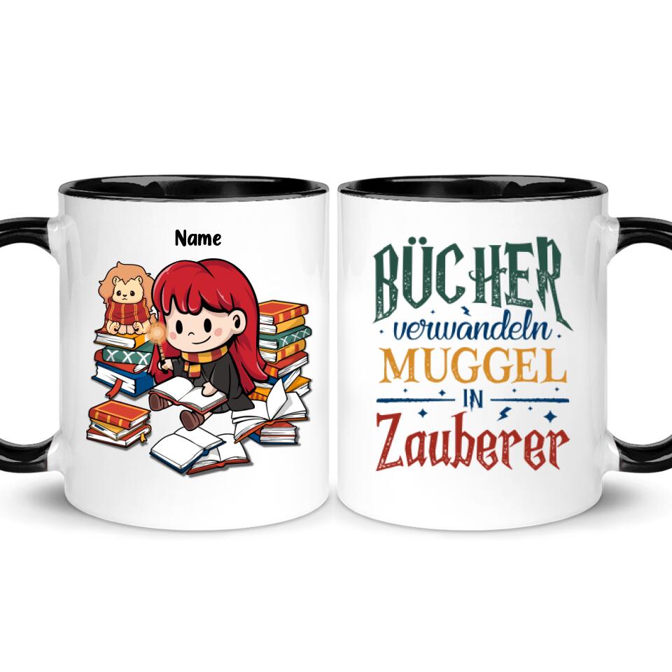 Bücher verwandeln Muggel in Zauberer, Personalisierbar Becher für Bücherliebhaber