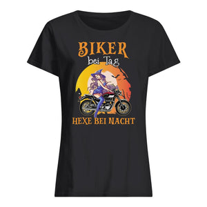 Biker bei Tag Hexe bei Nacht, Halloween T-Shirt für Biker