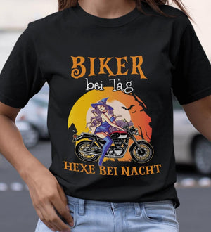 Biker bei Tag Hexe bei Nacht, Halloween T-Shirt für Biker