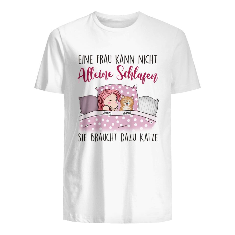 Personalisiertes T-shirt für Katzenliebhaber | personalisierte Geschenke für Katzenliebhaber | Eine Frau kann nicht alleine schlafen